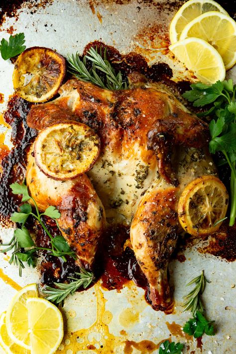 Lemon Herb Spatchcock Chicken Recipe Juiciest Chicken, Lemon Herb Chicken, Oh Sweet Basil, Spatchcock Chicken, Herb Roasted Chicken, Herb Chicken, Pesto Chicken Pasta, Oven Chicken, Roast Chicken Recipes