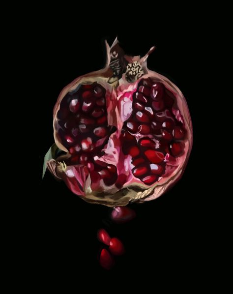 #persephone #greekmyth #pomegranate #fruit #illustration #digitalart Persephone And The Pomegranate, Eating Pomegranate Reference, Rotting Pomegranate, Pomagranet Drawing Reference, Pomegranate Painting Easy, Persephone Pomegranate Aesthetic, Pomegranate Art Illustrations, Hand Holding Pomegranate, Pomegranate Analogy