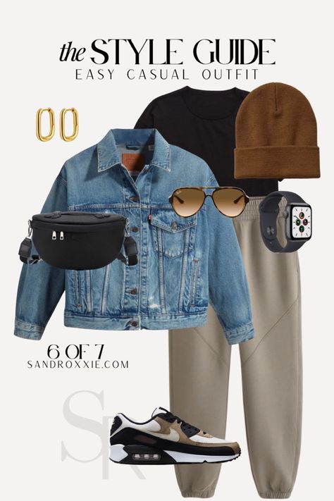 Casual outfit, jogger outfit, fall outfit, winter outfit, affordable outfit, achievable outfit Sneakers Fall Outfit, Denim Jacket Outfit Winter, Cropped Denim Jacket Outfit, Athleisure Outfits Fall, Slogan Clothing, Winter Jacket Outfits, Simple Casual Outfits, Jeans Outfit Fall, Winter Travel Outfit