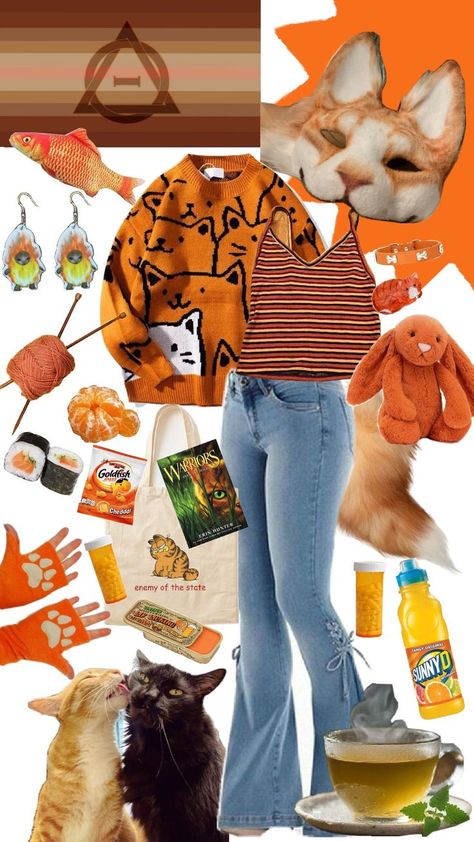 orange themed outfits, many matching and miscellaneous accessories, snacks, drinks, etc Collage Outfit, Cat Therian, Collage Outfits, Orange Tabby Cats, Orange Tabby, Animal Masks, Cat Aesthetic, Orange Cat, Cat Clothes