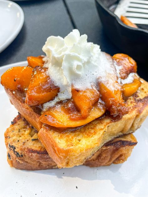 French Toast with Caramelized Peaches | Whipped Cream Peach Toast Recipe, Peach Toast Breakfast Recipes, Peach French Toast Casserole, Peaches And Cream Breakfast, Peaches And Cream French Toast, French Toast Caramelized, Shrimp Rolls Recipe, French Toast Toppings, Peach French Toast