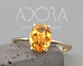 Yellow Gemstone Ring, Citrine Engagement Ring, Citrine Ring Engagement, Yellow Gemstones, Solitaire Setting, Ring Art Deco, Bridal Bands, Natural Citrine, Engagement Ring Set