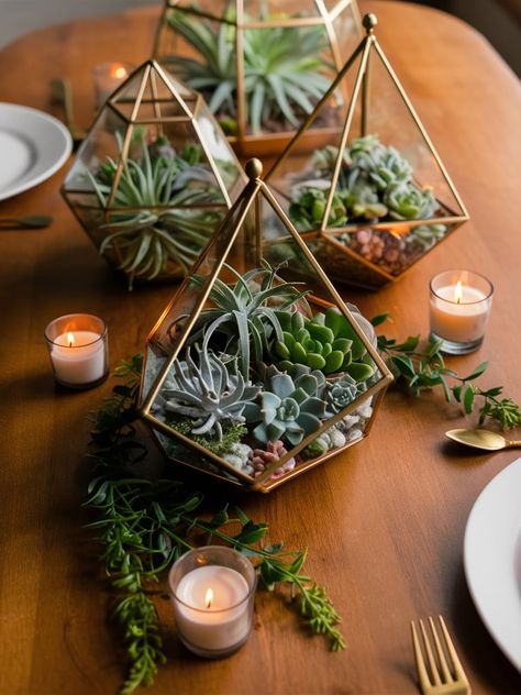 25 Boho Wedding Centerpieces – The DIY Desire Rustic Succulent Wedding, Succulent Centerpieces Party, Succulent Centerpiece Ideas, Succulent Centerpiece Wedding, Terrarium Wedding Centerpiece, Succulent Table Decor, Diy Succulents Centerpiece, Succulent Table, Terrarium Table