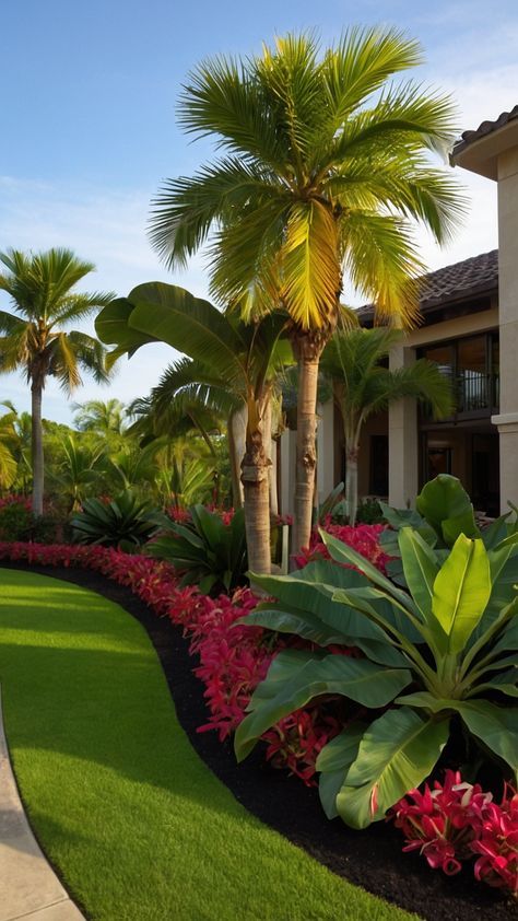 Discover stunning tropical landscape design ideas for your outdoor spaces from modern and Balinese gardens to plans for backyard oasis and front yard entrances Explore styles for front gardens backyard retreats small spaces full sun areas and minimalistic or lush landscapes Whether you're looking to transform your outdoor living space or create an inviting garden escape these tropical landscaping ideas will inspire your next project Palm Beach Landscaping, Tropical Landscape Ideas, Florida Landscape Ideas, Tropical Landscaping Ideas, Modern Landscape Design Front Yard, Gardens Backyard, Plant Palette, Balinese Garden, Garden Escape