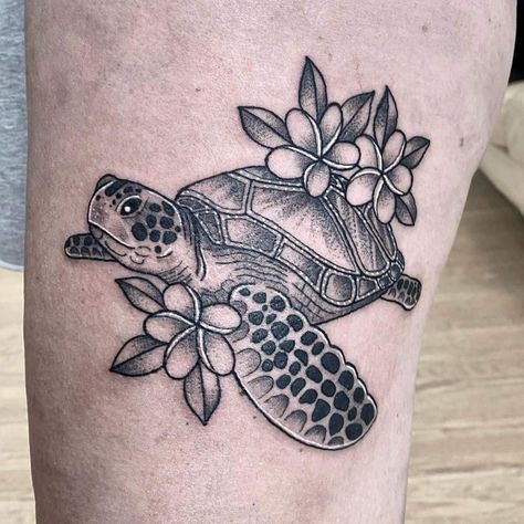 Black Ink Sea Turtle Tattoo With Flowers Turtle And Flower Tattoo Hawaii, Best Friend Sea Turtle Tattoos, Sea Turtle And Flower Tattoo, Sea Turtle Tattoos For Women, Turtle With Flowers Tattoo, Sea Turtle With Flowers, Sea Turtle With Flowers Tattoo, Turtle Tattoo Ideas For Women, Sea Turtle Foot Tattoo