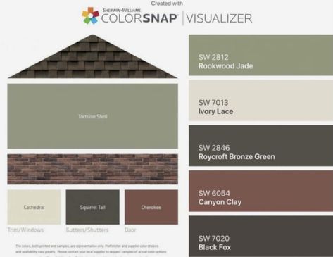 Green Siding With Brown Roof, Moldings And Trim Colors, Exterior Color Palettes For Houses With Brown Roof, Green House Exterior Brown Roof, Brown Roof House Colors, Light Green House, Home Exterior Colors Schemes, Green House Exterior, Outside House Colors