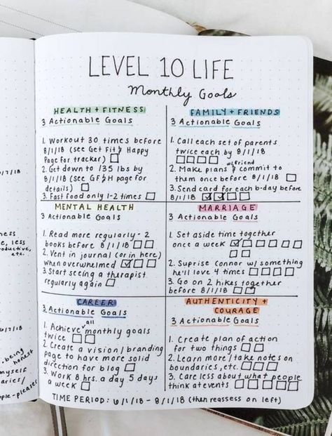 Level 10 life bullet journal page ideas for personal development - OurMindfulLife.com Level 10 Life, Bullet Journal September, Bullet Journal Pages, Goals Bullet Journal, Best Year Ever, Bullet Journal Weekly Spread, Bullet Journal Ideas, Genius Ideas, Self Care Bullet Journal