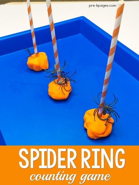 Spider Ring Counting Game for Halloween - roll foam die and put that many spider rings on the straw Preschool Bug Theme, Spiders Preschool, Halloween Theme Preschool, Halloween Counting, Spider Activities, Lego Math, Halloween Centers, Tattoos Celebrities, Animals Quotes