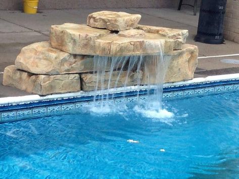 Small Rock Waterfall Pool, Dive Rocks For Pools, Pool Water Fall Ideas, Diy Pool Fountain Waterfalls, Small Pool Waterfall, Pool Jumping Rock, Jumping Rocks For Pool, Diy Pool Waterfall, Diy Pool Fountain