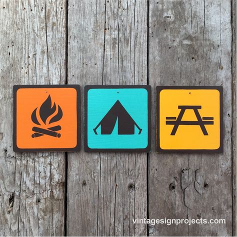 Camping park icon sign, set of three, brown on orange, turquoise and cream, in a national park/campground/outdoors style. Great decor for the cabin. Handmade by Vintage Sign Projects, making Hand painted/Screen printed signs since 1998. #camping #campground Camp Signage, Camping Icons, Icon Parking, Outdoor Logos, Camping Park, Cabin Signs, Camping Signs, How To Make Signs, Camper Decor