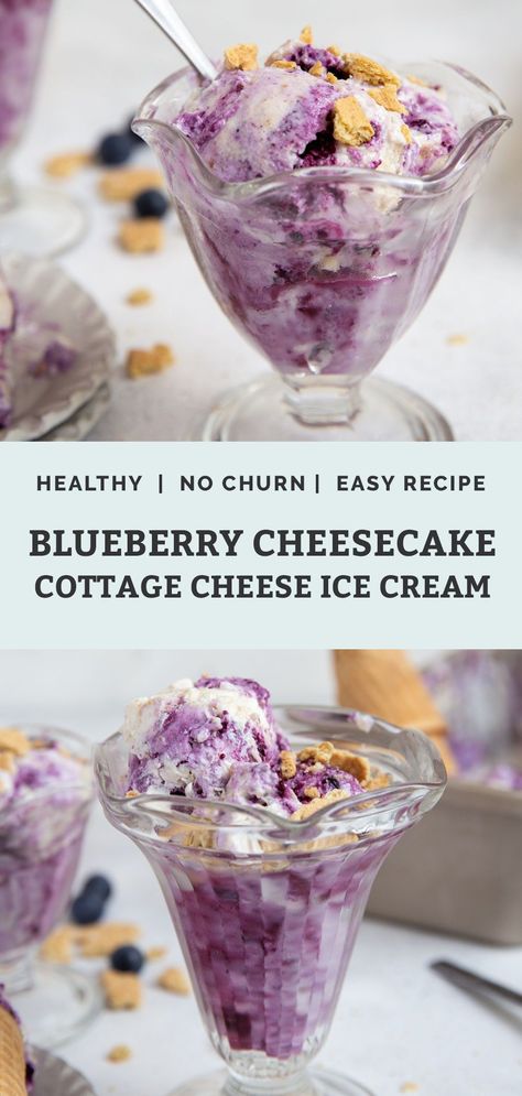 This Blueberry Cheesecake Cottage Cheese Ice Cream recipe is an ultra creamy, delicious, frozen treat made with only 5 ingredients. Enjoy this viral sensation as a high protein dessert with over 20 grams of protein per serving! Cottage Cheese Cheesecake Smoothie, Strawberry Blueberry Dessert Healthy, Strawberry Banana Cottage Cheese Ice Cream, Healthy Blueberry Cheesecake Recipes, High Protein Blueberry Cheesecake, Snickers Cottage Cheese Ice Cream, Blueberries And Cottage Cheese, Cottage Cheese Ice Cream Cheesecake, Cottage Cheese Blueberry Ice Cream