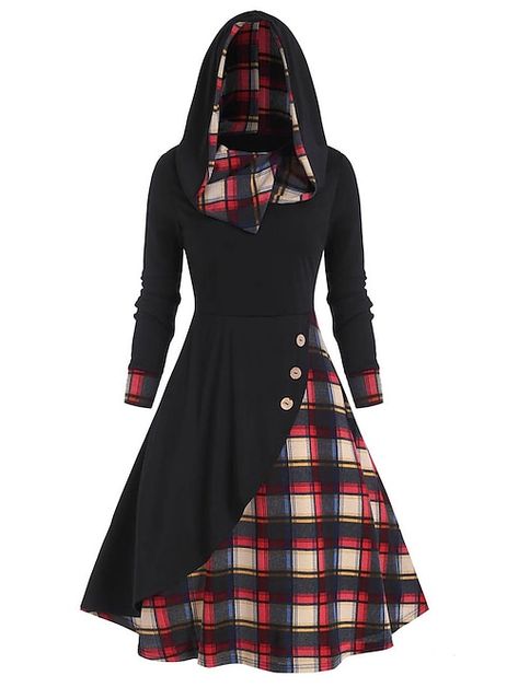 Embellished Maxi Dress, Eve Dresses, New Years Eve Dresses, Tartan Dress, Hooded Dress, Vestidos Vintage, Black Sheath Dress, Cosplay Dress, Long Sleeve Plaid