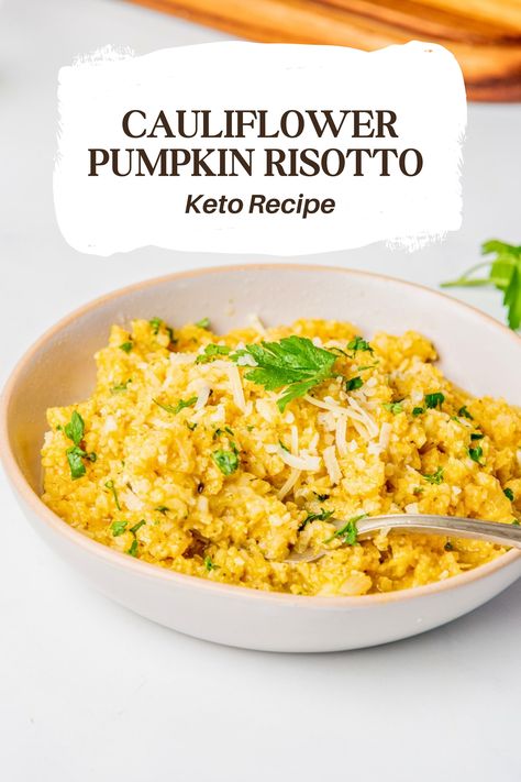 Learn how to make this perfectly creamy pumpkin risotto with low-carb cauliflower rice, pumpkin puree, and heavy cream! Freshly grated parmesan cheese cements this dish as a seasonal favorite you'll reach for over and over again. Best Dinner Party Recipes, Pumpkin Cauliflower, Pumpkin Risotto Recipes, Cauliflower Rice Risotto, Cauliflower Risotto, Pumpkin Risotto, Cauliflower Gratin, Pumpkin Sauce, Dinner Party Recipes