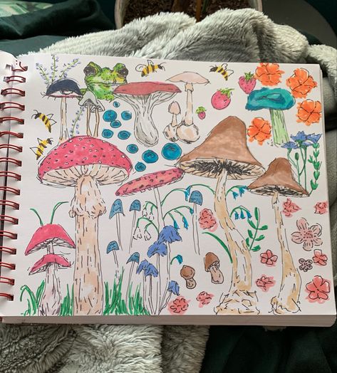 Mushroom Nature Drawing, Sketchbook Mushroom, Marker Art Ideas, Sky Art Painting, Relaxing Art, Doodle Art Designs, Book Art Drawings, Sketchbook Inspiration, Art Tutorials Drawing