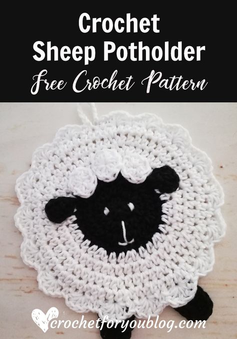 Crochet Sheep Potholder Free Pattern - Crochet For You Crochet Farm Animals, Crochet Pot Holders Free Pattern, Crochet Potholder Patterns, Crochet Hot Pads, Free Pattern Crochet, Crochet Sheep, Crochet Pig, Crochet Chicken, Crochet Geek