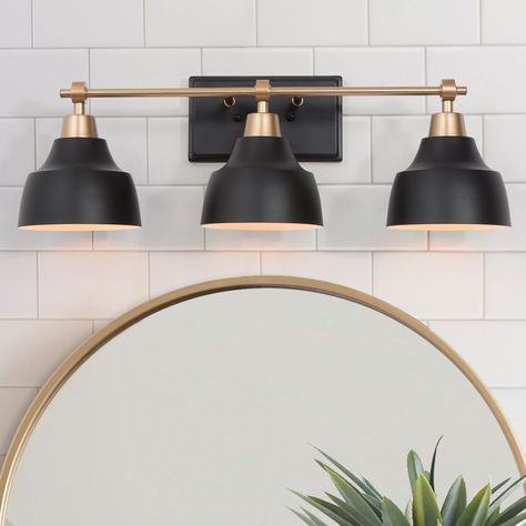 Black Bathroom Vanity Light, Modern Black Bathroom, Black Bathroom Light, Black Bathroom Vanity, Bath Light Fixtures, Gold Wall Lights, Black And Gold Bathroom, Modern Vanity Lighting, Vanity Lights Bathroom