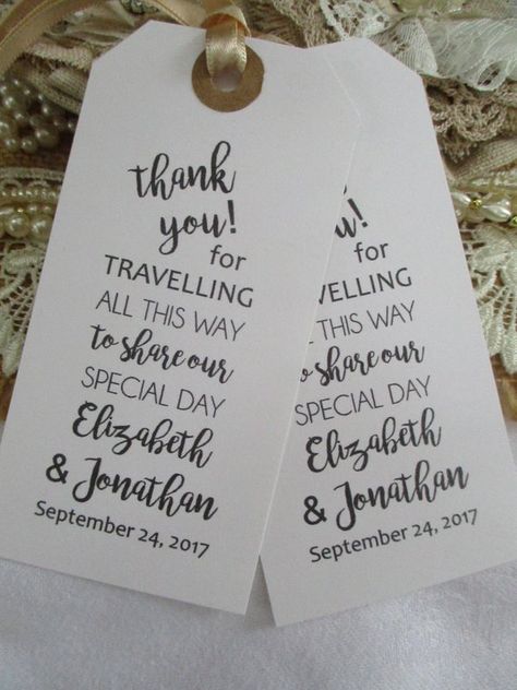 Thank You for Travelling To Share Our Special Day - Personalized Wedding Favors - Wedding Napkin Ties -Calligraphy Wedding Table Decor Tags Unique Wedding Table Decorations, Wedding Favor Table, Creative Wedding Favors, Inexpensive Wedding Favors, Wedding Favors And Gifts, Wedding Thank You Gifts, Wedding Favors Cheap, Wedding Gift Bags, Wedding Welcome Bags