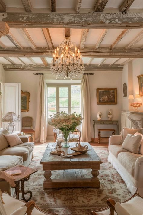 15 French Country Living Room Ideas That Will Make You Say “Ooh La La!” - DreamyHomeStyle Cotswold Living Room Ideas, French Country Interior Design Living Room, Rustic French Country Living Room, Modern French Country Living Room, French Country Living Room Ideas, European Farmhouse Living Room, Country Living Room Ideas, French Glam, French Country Interiors