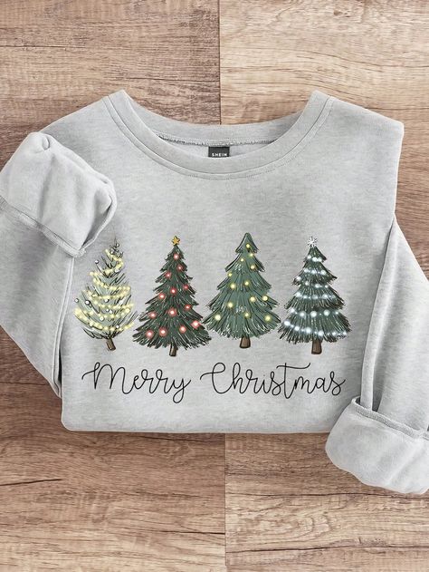 Rainbow Light Christmas Tree & Slogan Printed Loose Casual Crew Neck Sweatshirt, Spring & Autumn Grey Casual  Long Sleeve Knitted Fabric Christmas,Geometric,Plants Pullovers Slight Stretch Fall/Winter Women Clothing, size features are:Bust: ,Length: ,Sleeve Length: Christmas Embroidery Sweater, Christmas Sweatshirts Vinyl, Tree Slogan, Light Christmas Tree, Sew Christmas, Winter Arc, Chicken Print, Christmas Clothing, Christmas Sweaters For Women