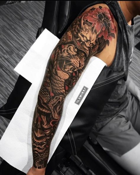 Japanese Tattoo Hannya, Year Leg Tattoo Men, Japanese Tattoos Arm Sleeve, Japanese Sleeve Ideas, Yakuza Arm Tattoo, Japanese Forearm Tattoos, Japanese Arm Sleeve Tattoo For Men, Japan Tattoo Sleeve For Men, Samurai Tattoo Design Ideas For Men