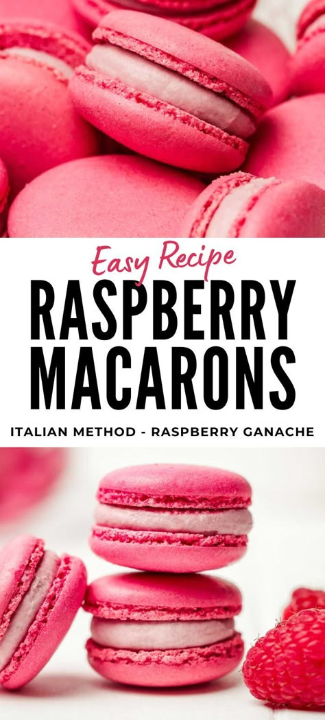 Discover the art of perfect macaron making with our raspberry macarons recipe, utilizing the Italian meringue method for impeccably smooth shells. Each bite reveals a luscious raspberry ganache filling, combining the classic elegance of French pastries with the bold, fruity flavors of fresh raspberries. This easy-to-follow recipe ensures a delightful treat that's as pleasing to the eye as it is to the palate, ideal for impressing at any gathering. Raspberry Ganache Filling, Raspberry Macarons Recipe, Macarons Filling Recipe, White Chocolate Ganache Frosting, Macaroon Filling, Macaroons Flavors, Raspberry Macaroons, French Macaroon Recipes, Raspberry Macarons