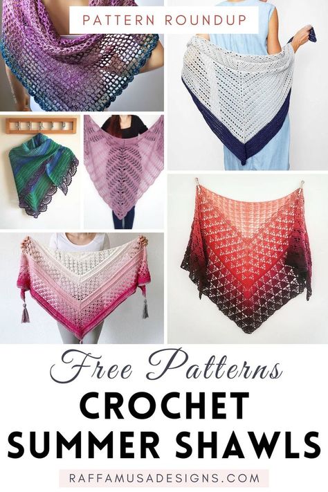 a collage of crochet triangle shawls for Spring and Summer One Size Summer Vacation Shawl, Crochet Sarong Pattern Free, Crochet Summer Wrap Pattern Free, Knit Summer Scarf, Crochet Shawl For Summer Beach, Multicolor Crochet Shawl For The Beach, Triangle Shawl Crochet Pattern Free, Arm Knitting Blanket Diy, Crochet Mesh Triangle Shawl Free Pattern