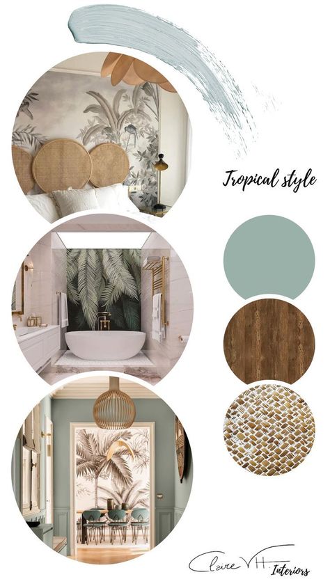 My Tropical style is influenced with the elegance of the Balinese style. Fresh and exoticthis style is popular nowadaysWhitesbrownsand greens are the key colors of your paletteThe tropical style is usually accompanied by foliage patternswhether on textiles or straight on wallpaperWood is the preferred material for your furniture and floorpreferably exotic (but FSC pleaseRattan and canework baskets and other “jungleaccessories can be used to complete the look. Moody Tropical Interior, Tropical Oasis Decor, Tropical Decor Color Palette, Tropical Wallpaper Living Room Ideas, Tropical Interiors Modern, Tropical Rustic Interior, Tropical Hallway Decor, Modern Tropical Interior Design Bedrooms, Balinese Color Palette