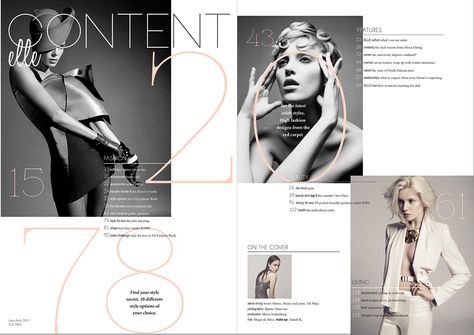 FIRST YEAR - ELLE Magazine: Content Layout on Behance Content Magazine Layout, Magazine Content Design, Elegant Magazine Layout, Fashion Magazine Contents Page, Content Magazine Design, Fashion Magazine Layout Design Vogue, Content Page Magazine, Magazine Content Page, Elle Magazine Layout