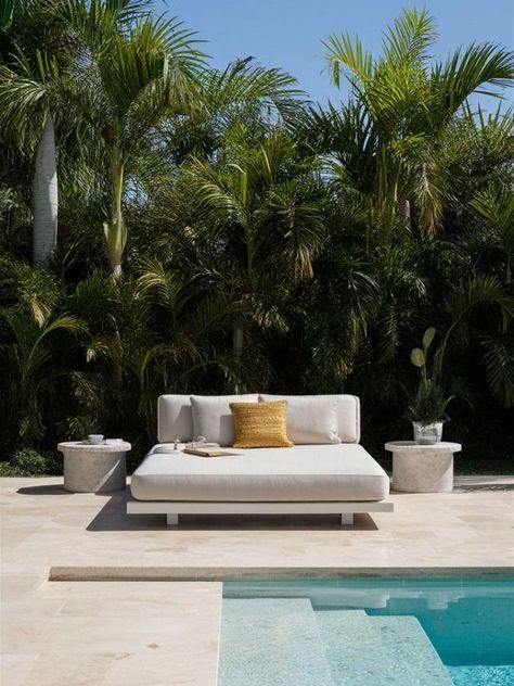 Click for details! Next summer don't let any sun rays escape. #myfaceoutdoordesign #outdoorfurniture #outdoordesign #outdoordecor #furnituredesign #summerlounge #summerloungingareas #summer2024 Pool Decor Ideas, Pool Area Decorating Ideas, Elegant Pool, Daybed Outdoor, Luxury Pools Backyard, Tropical Retreat, Pool Lounge Chairs, Patio Daybed, White Terrazzo