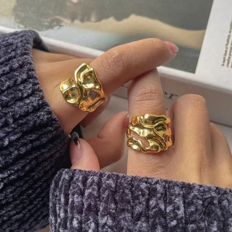 24k Gold Plated Chunky Rings, Cool Rings for Women, Boho Ring Gift for Friend, Statement Ring, Adjustable Ring, Stackable Ring Gift for Her - Etsy Canada Cool Rings, Chunky Gold Jewelry, Vintage Gold Rings, Bold Rings, Hammered Band, Gold Statement Ring, Zircon Jewelry, Chunky Jewelry, Sterling Silver Jewelry Handmade