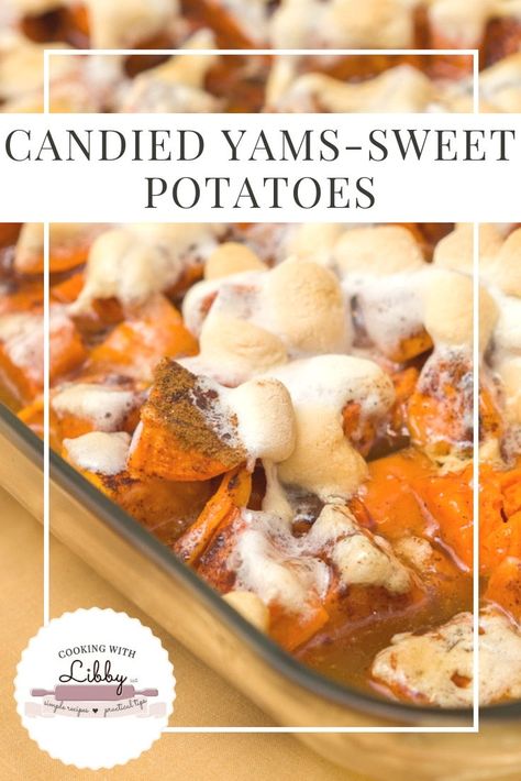 Looking for an easy recipe for a Thanksgiving side dish? Then try our family’s easy recipe for Candied Yams-Sweet Potatoes! With marshmallows as it’s topping and other sweetened fall ingredients , this dish will make you the most popular hostess during the holidays! #easyrecipe #Thanksgivingfood #Thanksgivingrecipes #sweetpotatoes #candiedyams #candiedsweetpotatoes #yams #marshmallows Homemade Yams With Marshmallows, Candied Yams With Marshmallows, Candied Sweet Potato Recipes, Candied Yams Recipe, Best Sweet Potato Casserole, Sweet Potato Thanksgiving, Potato Candy, Candied Yams, Yam Or Sweet Potato