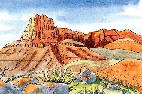 Zions National Park, Park Sketch, National Park Painting, Desert Landscape Art, Desert Landscape Painting, Park Painting, Guadalupe Mountains National Park, Carlsbad Caverns National Park, Guadalupe Mountains