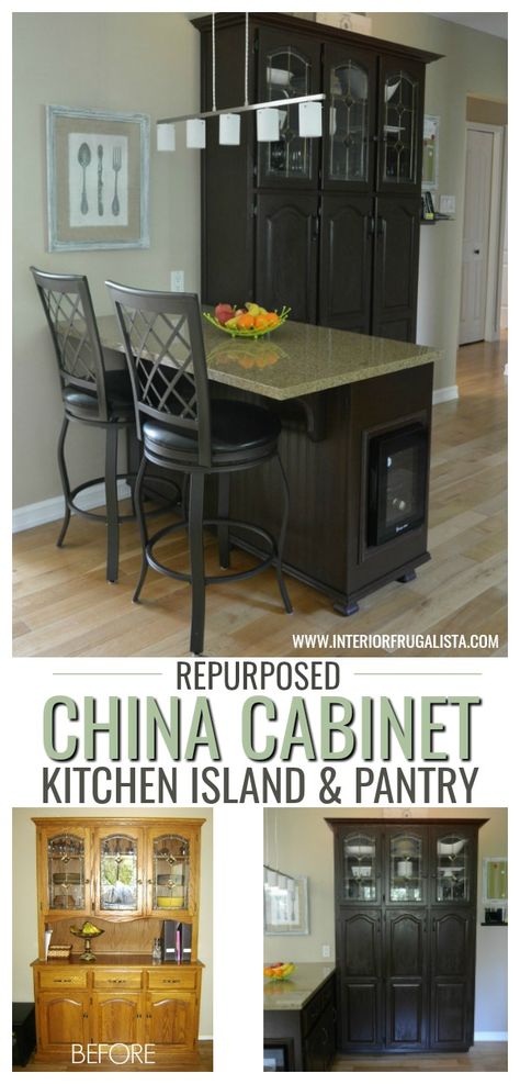 When you need more storage and a spot to enjoy your morning coffee in a small kitchen, here is a budget-friendly idea to get both by repurposing a china cabinet. | The Interior Frugalista Kitchen Hutch Diy, Repurposed China Cabinet, China Hutch Makeover, China Cabinet Redo, Repurposed China, Pantry Interior, Upcycled Furniture Before And After, Cabinet Doors Repurposed, Budget Kitchen Makeover