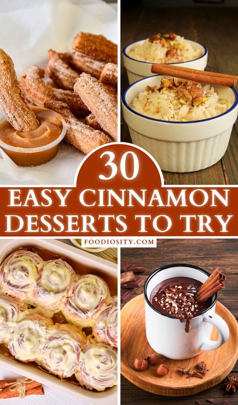 Delight in the warm and comforting flavors of cinnamon with our exclusive collection of 30 easy dessert recipes. Each recipe, from cinnamon-spiced cakes to gooey cinnamon rolls and fragrant cookies, is infused with the sweet and spicy aroma of cinnamon. These treats are perfect for cozy evenings, special occasions, or whenever you crave a touch of sweetness. Click to explore these simple yet delightful cinnamon-infused desserts and add a dash of spice to your baking adventures! Cinnamon Food Ideas, Easy Cinnamon Sugar Dessert, Rainy Day Baking Ideas, Easy Cinnamon Desserts, Cozy Dessert Recipes, Cinnamon Recipes Easy, Cosy Meals, Spice Desserts, Cinnamon Dessert Recipes