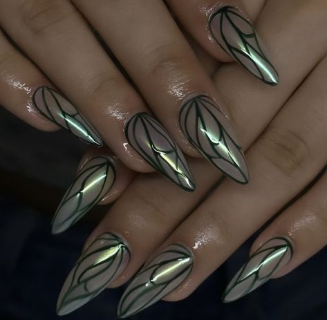 By @nailsbyskyelinh Unique Butterfly Nails, Fairy Wing Nail Art, Lunar Moth Nails, Winx Club Nails Designs, Butterfly Prom Nails, Elvish Nails, Butterfly Wings Nails, Wing Nail Design, Firefly Nails