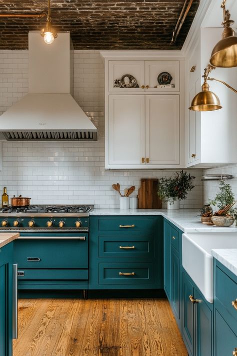 13 Stunning Two-Tone Kitchen Cabinet Color Ideas – DreamyHomeStyle Jewel Tone Cabinets Kitchen, Teal Wood Kitchen, Teal Blue Cabinets Kitchen, Gray And Teal Kitchen, Blue Kitchen Lower Cabinets, Blue And Green Kitchen Cabinets, Blue Kitchen Ideas Walls, Deep Teal Kitchen Cabinets, Add Color To Kitchen