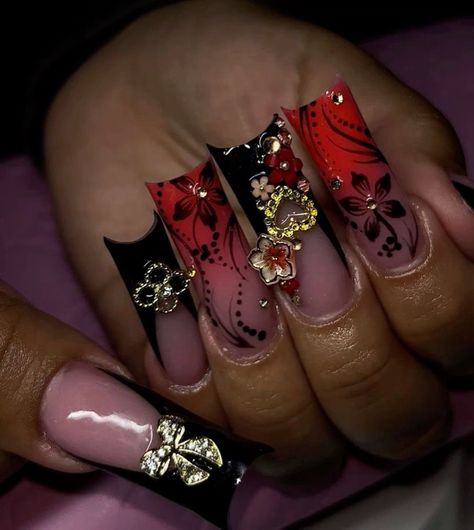 Black Unique Nails, Creative Red Nails, Red Black Nails Acrylic, Red Bling Acrylic Nails, Nail Inspo Red And Black, Mall Goth Nails, Red And Black French Tip Nails, Red Junk Nails, Red And Black Nails Acrylic