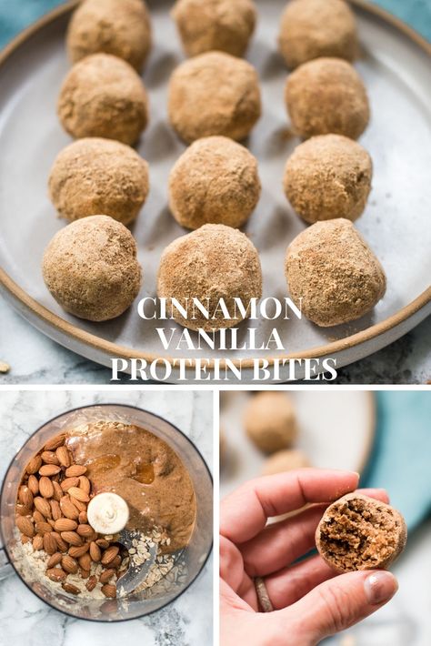 These no-bake Cinnamon Vanilla Protein Bites are full of nutritious ingredients and make the perfect bite to satisfy your hunger, for a healthy snack or on-the-go breakfast. #glutenfree | www.nutritiouseats.com Protein Snacks On The Go, Cinnamon Healthy, Deserturi Raw Vegan, Breakfast Protein, Arbonne Recipes, Protein Balls Recipes, Snacks On The Go, Healthy Protein Snacks, Protein Bites