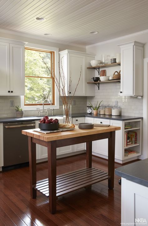 Brown Farmhouse Kitchen, Kitchens With Butcher Block, Kitchens With Butcher Block Countertops, Island Butcher Block, Brown Farmhouse, Unique Kitchen Design, Wood Floor Kitchen, Stainless Backsplash, Grey Countertops