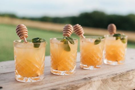 Honey Themed Farm-to-Table Kansas City Wedding Inspo | The Perfect Palette Bee Themed Drinks, Honey Themed Party, Bee Wedding Theme, Honey Bee Wedding, Bridal Shower Honey, Bee Themed Birthday Party, Honey Cocktail, Honey Bee Theme, Honey Farm