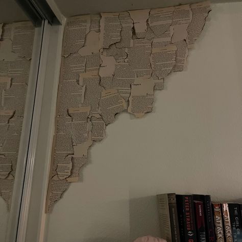 Room With Book Pages On Wall, Diy Room Decor With Book Pages, Book Wall Inspiration, Book Page Poster Wall Decor, Book Page Canvas Art, Book Pages On Wall Bedroom Corner, Wall Book Pages Decor, Journal Room Decor, Pages From Books On Wall