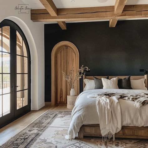 Spanish Bedroom Aesthetic, European Master Bedrooms Decor, Master Bedrooms Dark, Moody Owners Suite, Master Bedrooms Limewash, Luxury Primary Bedroom, Modern Rustic Primary Bedroom, Master Bedrooms Decor Amber Interiors, Moody Bedroom Wood Bed