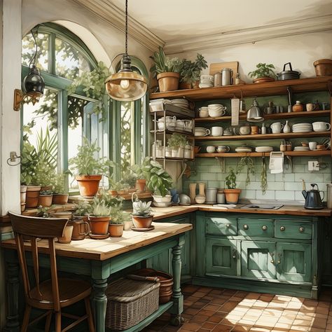 Fairy Tale Kitchen, Cozy Kitchen Cottage, Art Nouveau Kitchen, Kitchen Clipart, Boho Kitchen Decor, Clipart Vintage, Kitschy Kitchen, Cottage Kitchens, Boho Kitchen