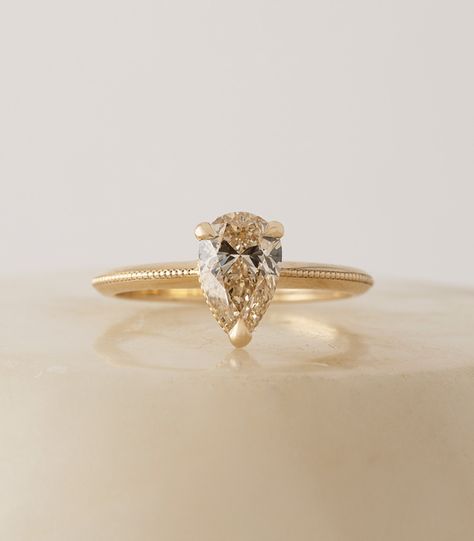 Canadian Diamond Engagement Ring, Gold Wedding Bands, Minimal Jewelry, Wedding Ring Designs, Champagne Diamond, Pear Diamond, Elegant Ring, Gold Wedding Band, Gemstone Engagement Rings