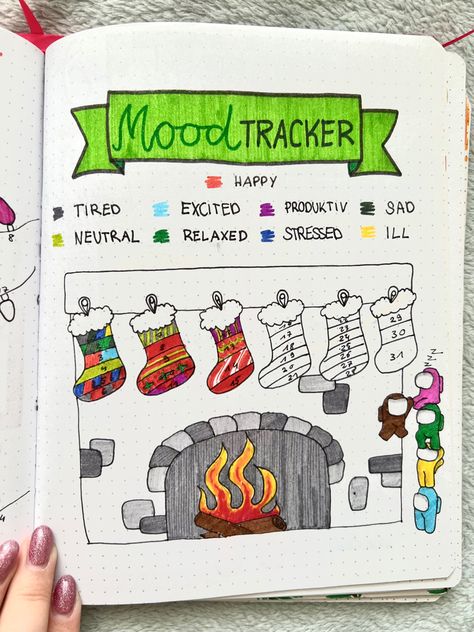 December 2020 Bullet Journal Christmas mood tracker page among us December Bujo Mood Tracker, December Mood Tracker Bullet Journal, December Bullet Journal Mood Tracker, Christmas Mood Tracker, December Tracker, December Mood Tracker, Journaling Doodles, Journal December, School Mood