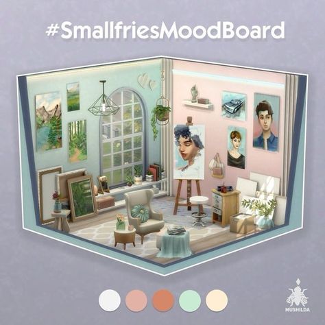 Sims 4 Art Gallery Ideas, Sims 4 Art Room Ideas, Sims 4 Room Challenge, Bedroom Aesthetic Artist, Sims Studio House, Sims 4 Shed Ideas, Sims 4 Artist Room, Sims 4 Bedroom Ideas No Cc Base Game, Sims 4 Room Ideas No Cc Base Game