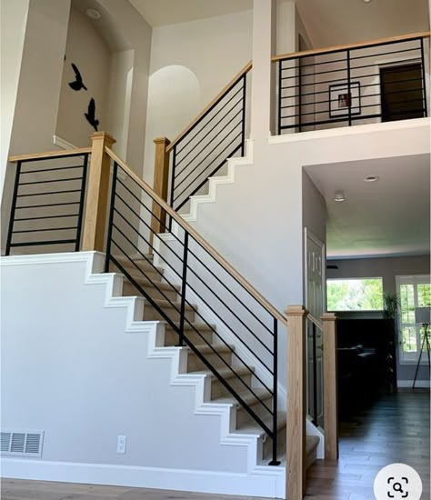 Railing For Indoor Stairs, Stair Rail Update, Industrial Staircase Railing, Stair Railing Ideas Half Walls Open Staircase, Modern Newel Posts For Stairs, Hand Rail For Stairs Indoor, Installing Stair Railing, Black And Wood Stair Railing, Indoor Handrails For Stairs