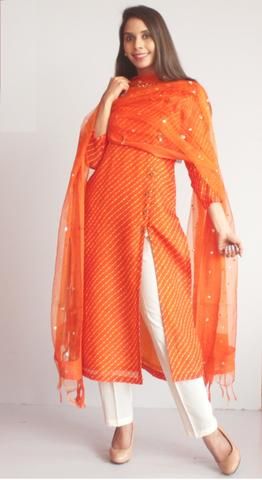 Orange Kota Leheriya Side Buttoned Kurti with Straight Pants and Orange Sequenced Dupatta Cotton Lehariya Kurti Designs, Kota Kurti Designs Latest, Lahariya Kurti Design, Orange Kurti Design, Leheriya Kurti Designs Latest, Lehriya Kurti Designs Latest, Lehriya Kurti Designs, Lehariya Kurti Designs, Leheriya Kurti