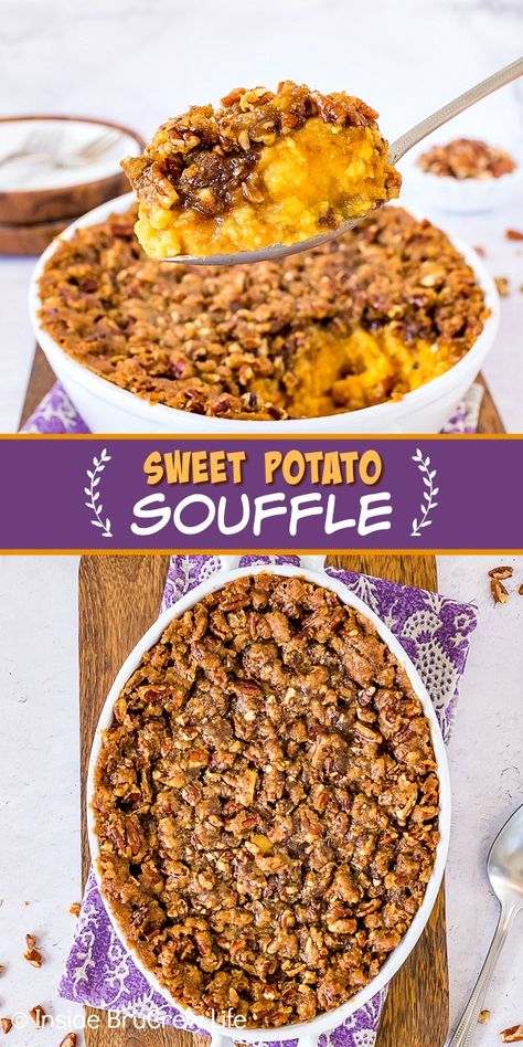 Sweet Potato Souffle - a crunchy sugar pecan topping baked on top of a creamy sweet potato casserole makes this a delicious side dish. Easy recipe to make for holiday dinners. Recipes With Yams, Sweet Potato Suffle, Potato Souffle Recipes, Sweet Potato Souffle Recipes, Sweet Souffle, Souffle Recipes Easy, Sweet Potato Soufflé, Potato Souffle, Souffle Recipe