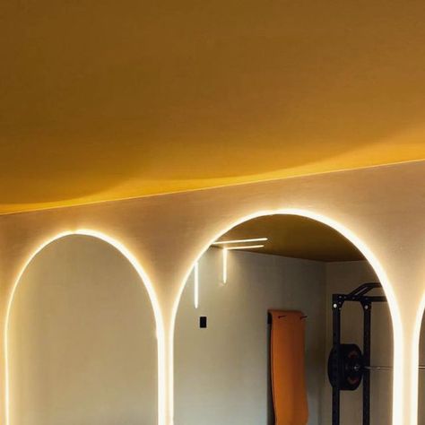 Arched Mirror With Lights Overhead, Wall Mirror Gym, Backlit Mirror Gym, Mirror For Gym Fitness Rooms, Back Lit Arch Mirror, Home Gym Setup, Curved Mirror, Gym Room At Home, Beige Interior